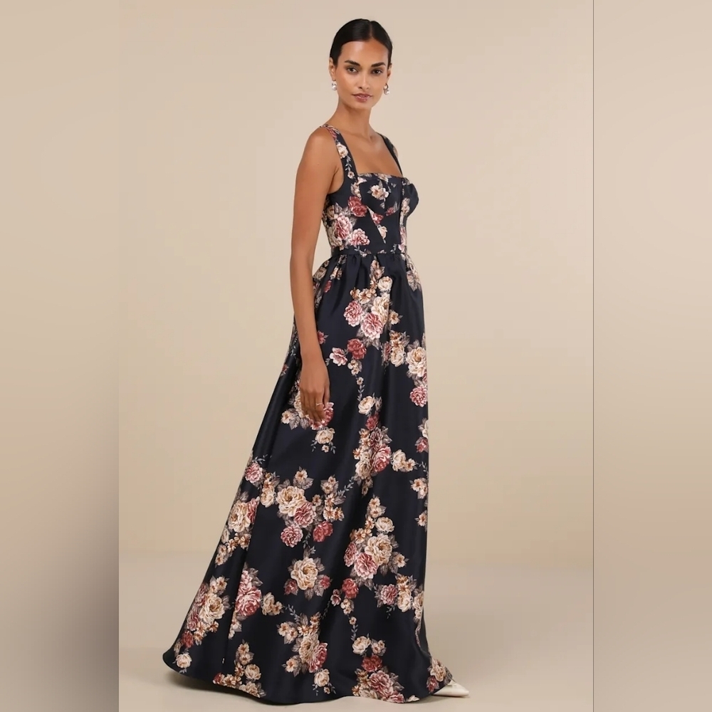 Lulus Elegant Pick Navy Blue Floral Sleeveless Bustier Maxi Dress S Wedding Prom - Picture 3 of 10